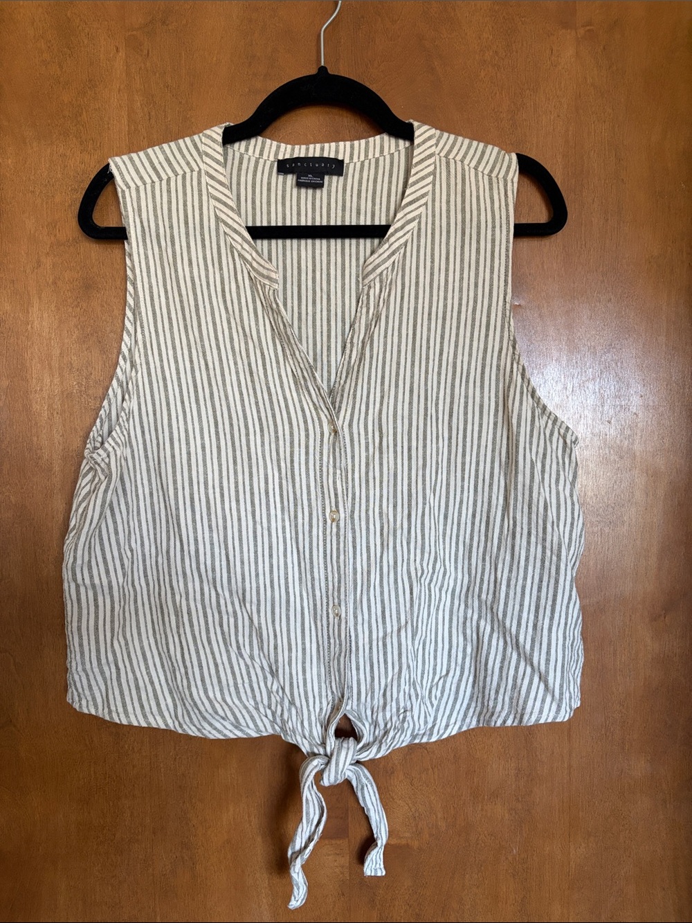 Sanctuary Cream and Grey/Blue Striped Tie-Front Sleeveless Camisole